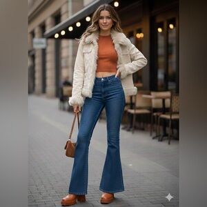 Y2K Rue21 Cream Corduroy Teddy Jacket with Faux Fur Trim – Size L